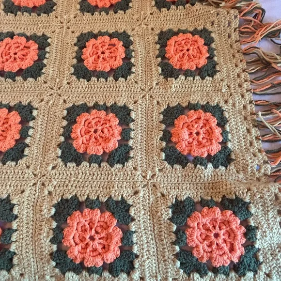 Handmade Crocheted Floral Granny Square Throw - Coral & Tan - Picture 9 of 13